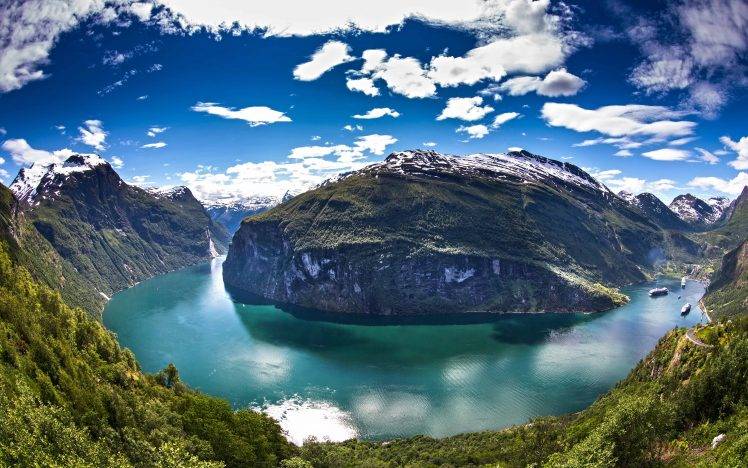 panoramas, Norway, Geiranger, Cruise Ship, Mountain, Forest, Snowy Peak, Clouds, Water, Green, Blue, White, Sea, Nature, Landscape HD Wallpaper Desktop Background