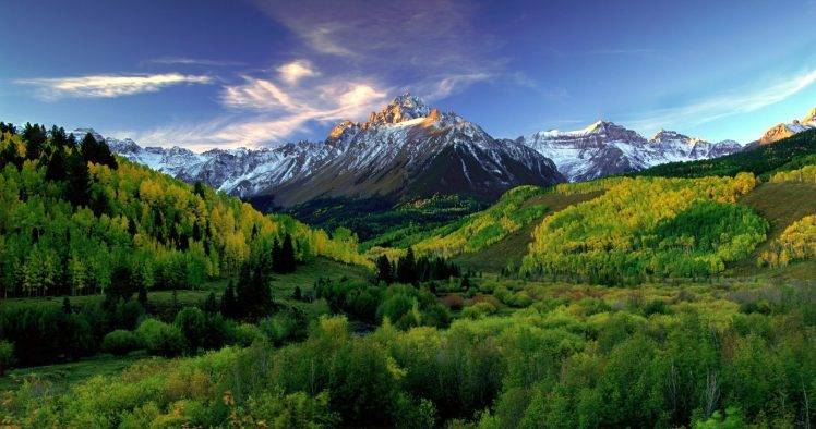 mountain, Sunrise, Forest, Clouds, Green, Snowy Peak, Trees, Nature, Landscape, Colorado HD Wallpaper Desktop Background