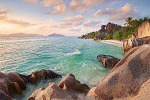 Seychelles, Rock, Palm Trees, Beach, Sunset, Sea, Tropical, Summer, Nature, Landscape