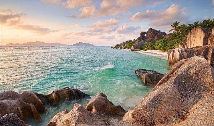 Seychelles, Rock, Palm Trees, Beach, Sunset, Sea, Tropical, Summer, Nature, Landscape HD Wallpaper Desktop Background