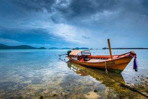 nature, Landscape, Water, Clouds, Reflection, Hill, Thailand, Ship, Sea, Pier, Boat