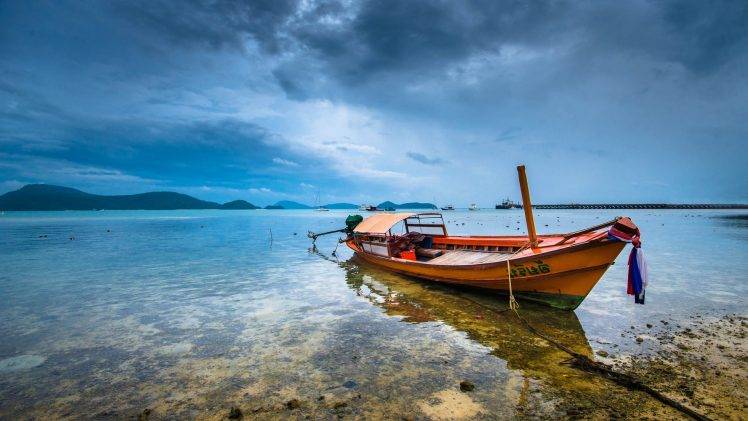 nature, Landscape, Water, Clouds, Reflection, Hill, Thailand, Ship, Sea, Pier, Boat HD Wallpaper Desktop Background