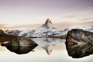 nature, Landscape, Water, Clouds, Reflection, Hill, Mountain, Matterhorn, Switzerland, Lake, Rock, Snow, Sunlight