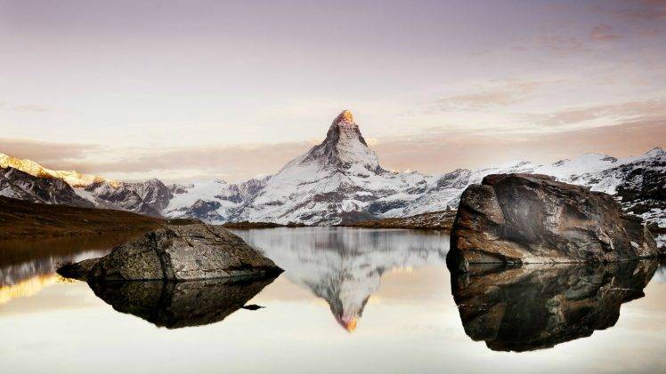 nature, Landscape, Water, Clouds, Reflection, Hill, Mountain, Matterhorn, Switzerland, Lake, Rock, Snow, Sunlight HD Wallpaper Desktop Background