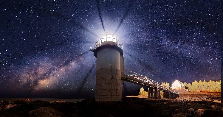 Maine, Lighthouse, Universe, Starry Night, Long Exposure, Milky Way, Landscape HD Wallpaper Desktop Background