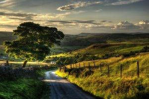 sunset, Villages, Road, Field, Grass, Hill, Fence, Trees, Clouds, Green, Nature, Landscape