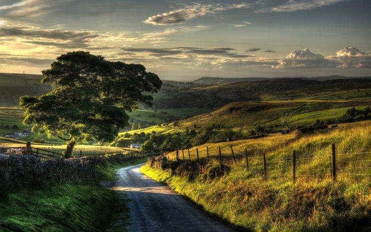 sunset, Villages, Road, Field, Grass, Hill, Fence, Trees, Clouds, Green, Nature, Landscape HD Wallpaper Desktop Background