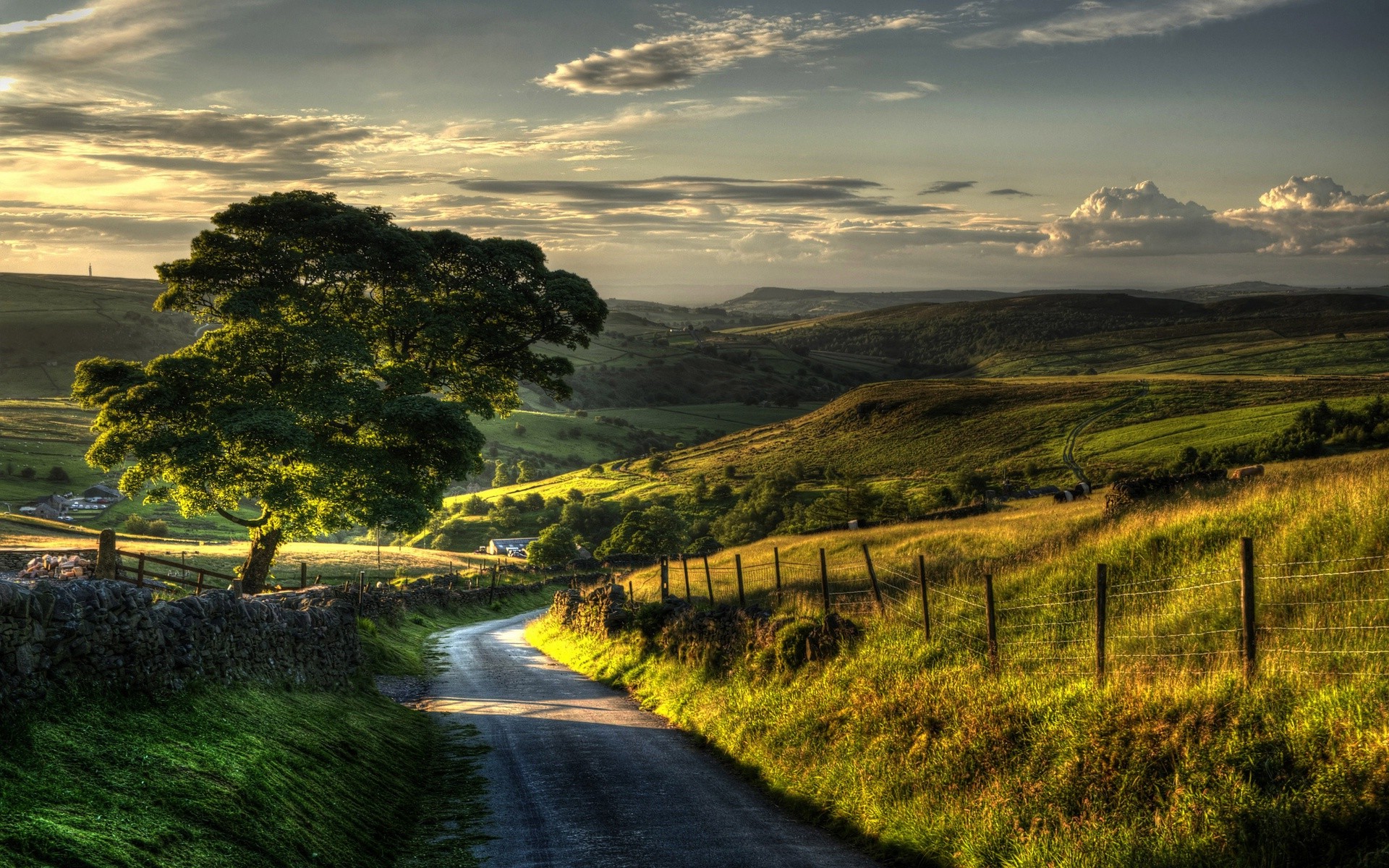 sunset, Villages, Road, Field, Grass, Hill, Fence, Trees, Clouds, Green, Nature, Landscape Wallpaper