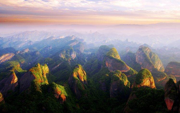sunset, Mountain, China, Mist, Clouds, Forest, Cliff, Nature, Landscape HD Wallpaper Desktop Background