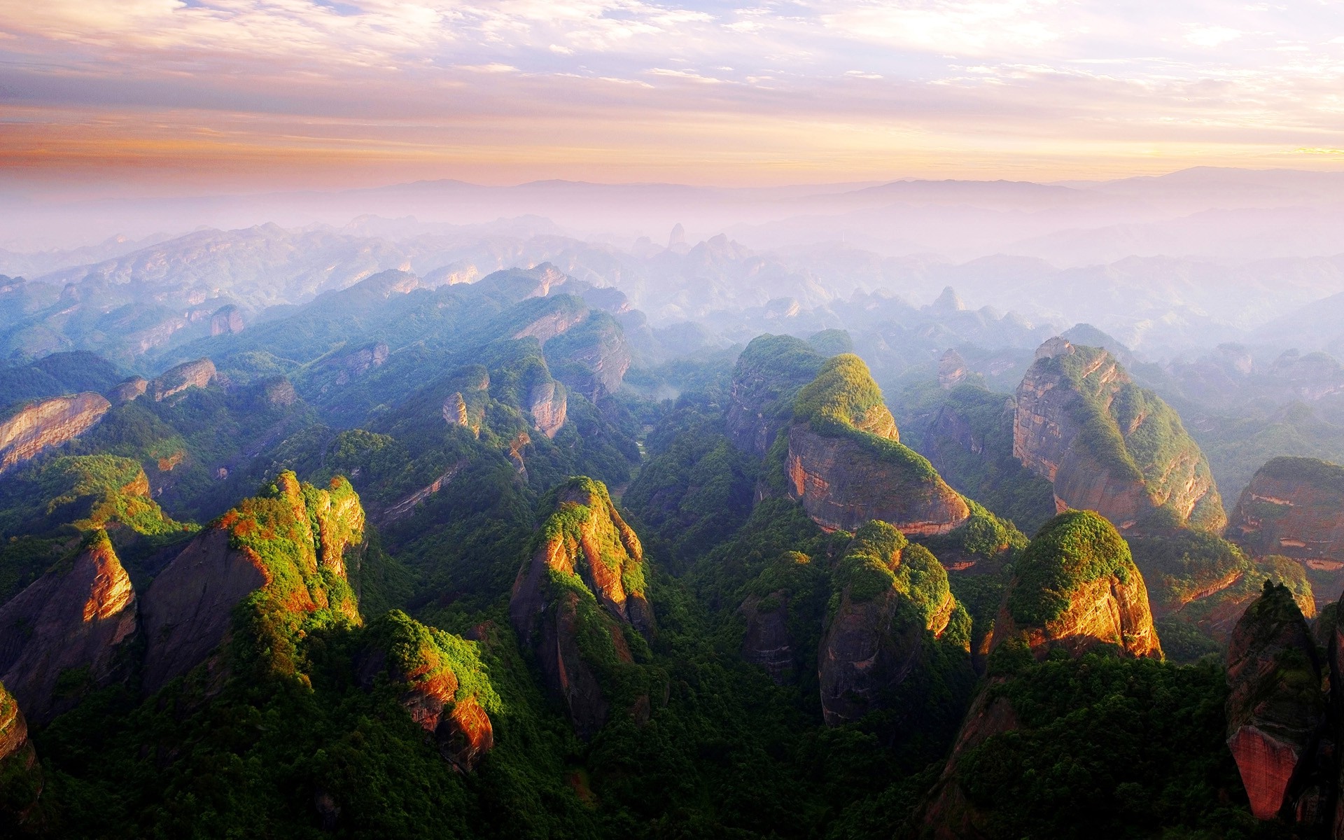 sunset, Mountain, China, Mist, Clouds, Forest, Cliff, Nature, Landscape Wallpaper