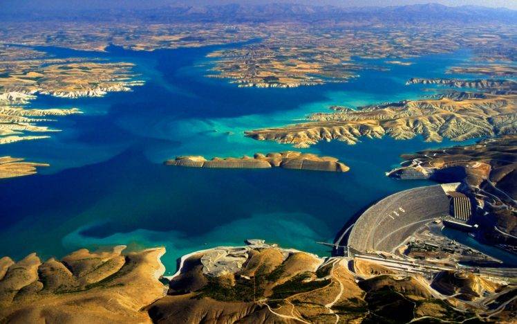 lake, Dam, Turkey, Blue, Hill, Water, Aerial View, Panoramas, Nature, Landscape HD Wallpaper Desktop Background