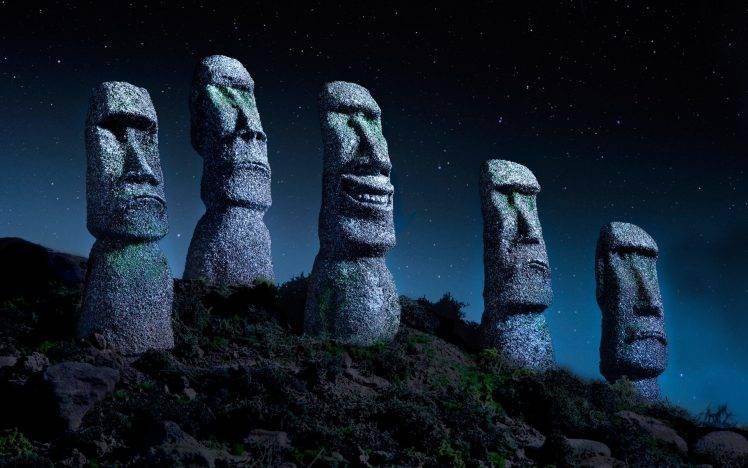 Easter Island, Chile, Starry Night, Statue, Moai, Stone, Monuments, Nature, Landscape HD Wallpaper Desktop Background
