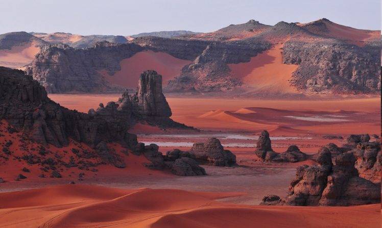 desert, Sahara, Algeria, Dune, Rock, Mountain, Red, Nature, Landscape, Women Outdoors, Women HD Wallpaper Desktop Background