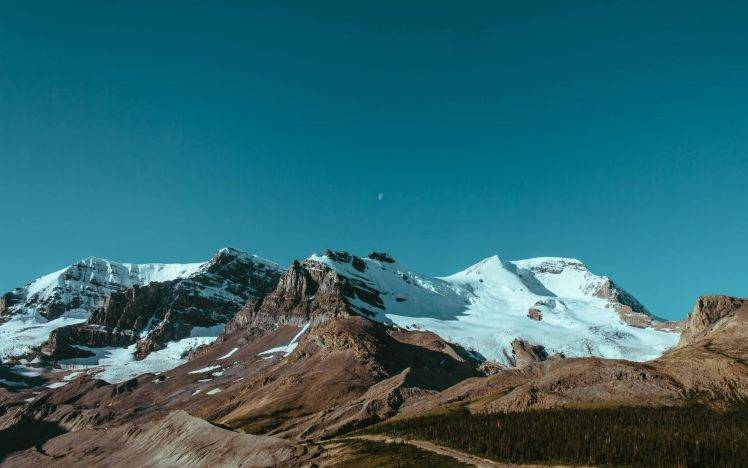 mountain, Landscape, Nature, Freya, Snow, Canada, Elementary OS, Moon, Rocky Mountains, Jasper National Park HD Wallpaper Desktop Background