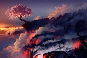 nature, Landscape, Fantasy Art, Fire, Trees, Smoke, Lava, Cherry Blossom, Artwork, Digital Art, Fightstar, Album Artwork