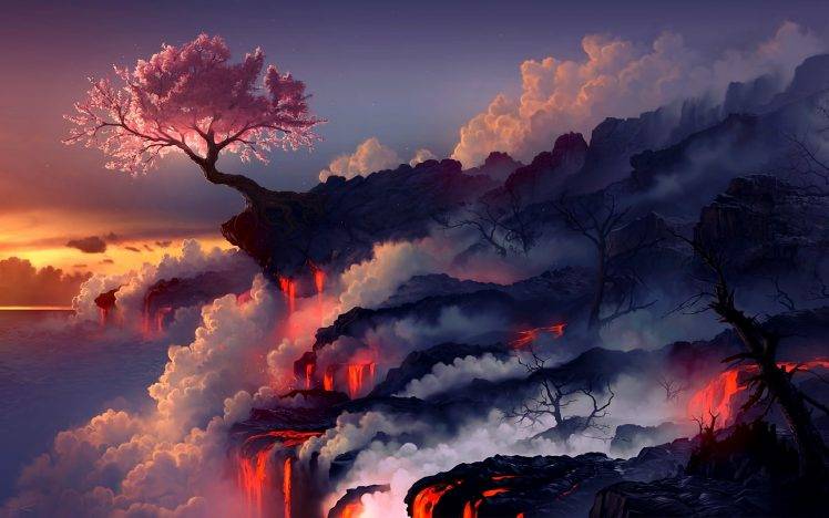 nature, Landscape, Fantasy Art, Fire, Trees, Smoke, Lava, Cherry Blossom, Artwork, Digital Art, Fightstar, Album Artwork HD Wallpaper Desktop Background