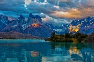Torres Del Paine, Chile, Mountain, Snowy Peak, Lake, Sunrise, Sunbeams, Clouds, Shrubs, Water, Nature, Landscape