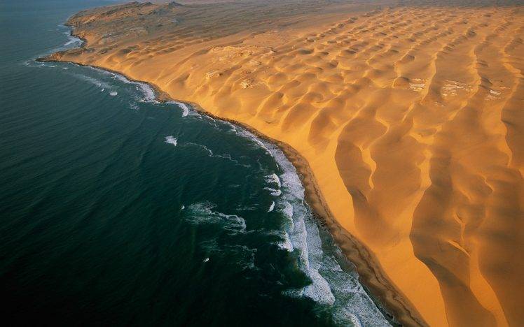 desert, Namibia, Coast, Beach, Dune, Sea, Aerial View, Nature, Landscape, Sand, Waves HD Wallpaper Desktop Background