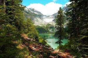 lake, Forest, Mountain, Washington State, Trees, Cliff, Water, Clouds, Green, Nature, Landscape