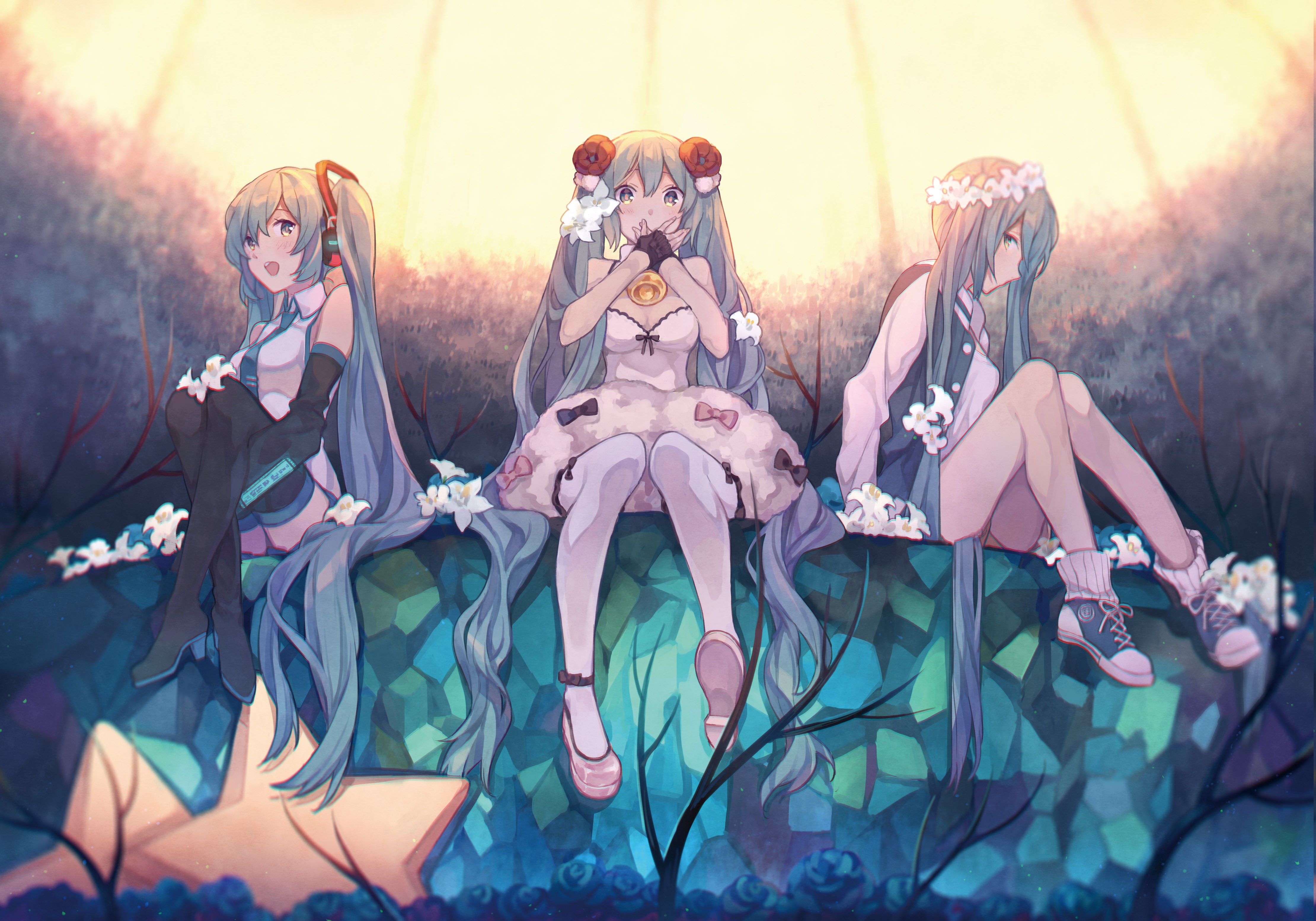 Thigh Highs Vocaloid Hatsune Miku Anime Girls Long Hair Flowers