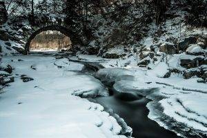 nature, Winter, Ice, Landscape, Water, Stream, Snow, Bridge, Branch, Trees, Rock, Long Exposure