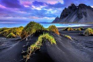 black Sand, Beach, Iceland, Sea, Mountain, Cliff, Grass, Clouds, Nature, Landscape, Waves