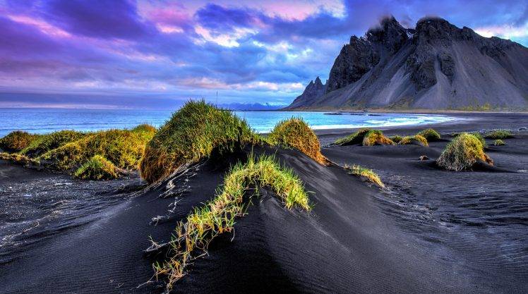 black Sand, Beach, Iceland, Sea, Mountain, Cliff, Grass, Clouds, Nature, Landscape, Waves HD Wallpaper Desktop Background