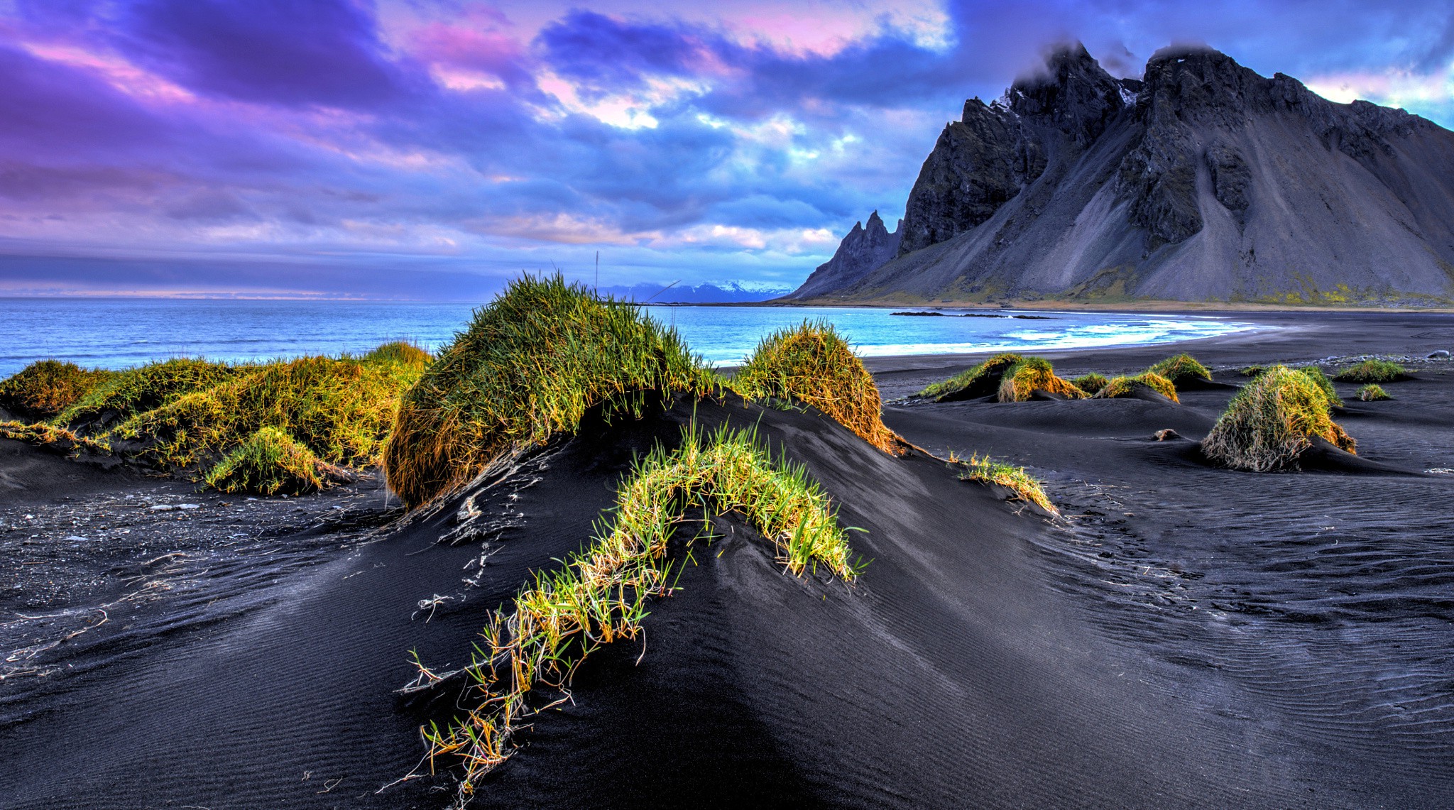black Sand, Beach, Iceland, Sea, Mountain, Cliff, Grass, Clouds, Nature, Landscape, Waves Wallpaper