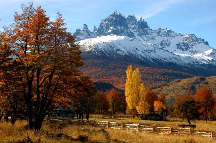 fall, Fence, Trees, Mountain, Forest, Chile, Patagonia, Snowy Peak, Grass, Cottage, Yellow, Orange, Nature, Landscape HD Wallpaper Desktop Background