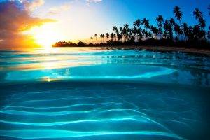 liquid, Crystal, Sunset, Sea, Beach, Palm Trees, Clouds, Turquoise, Yellow, Nature, Tropical, Landscape