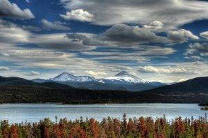 nature, Landscape, Clouds, Hill, Mountain, Snow, Lake, Trees, Forest, Fall, Island, Boat