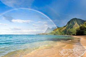 beach, Rainbows, Sea, Mountain, Trees, Sand, Hawaii, Island, Clouds, Nature, Landscape