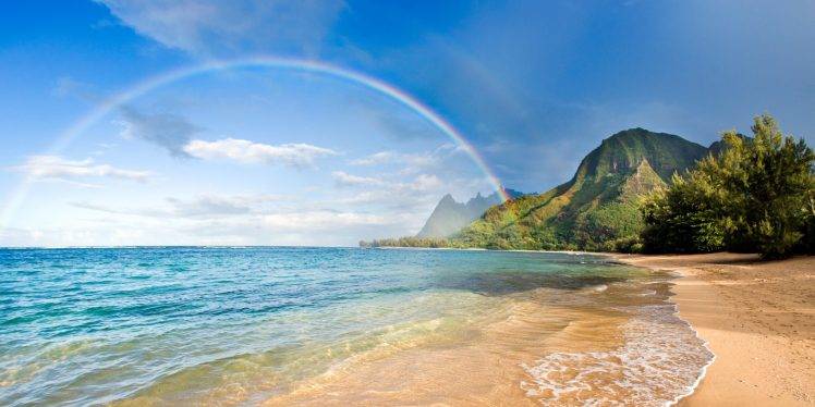 beach, Rainbows, Sea, Mountain, Trees, Sand, Hawaii, Island, Clouds, Nature, Landscape HD Wallpaper Desktop Background