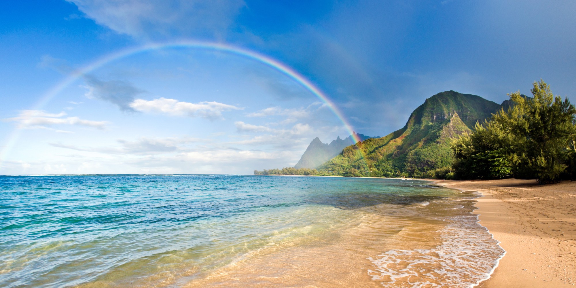 beach, Rainbows, Sea, Mountain, Trees, Sand, Hawaii, Island, Clouds, Nature, Landscape Wallpaper