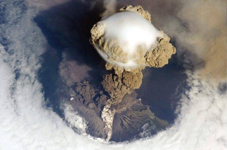 volcano, Eruptions, Aerial View, Island, Smoke, Clouds, Nature, Landscape HD Wallpaper Desktop Background