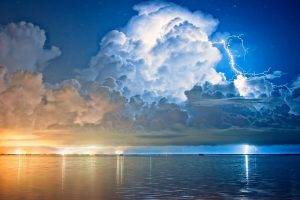 lightning, Clouds, Storm, Starry Night, Cape Canaveral, Florida, Sea, Street Light, Water, Blue, White, Yellow, Nature, Landscape