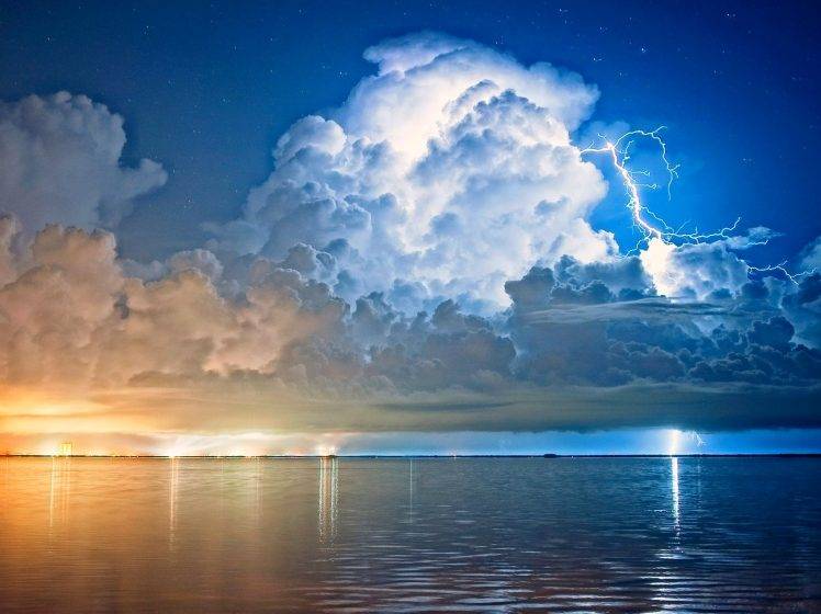 lightning, Clouds, Storm, Starry Night, Cape Canaveral, Florida, Sea, Street Light, Water, Blue, White, Yellow, Nature, Landscape HD Wallpaper Desktop Background