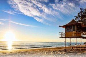 beach, Sunrise, Lifeguard Stands, Sand, Trees, Australia, Sea, Clouds, Nature, Landscape
