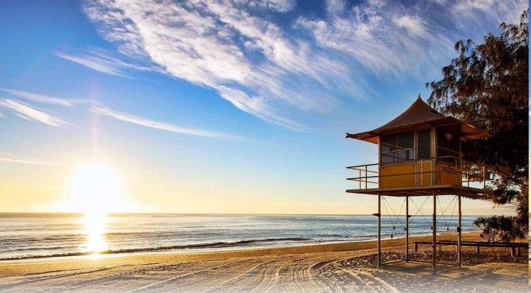 beach, Sunrise, Lifeguard Stands, Sand, Trees, Australia, Sea, Clouds, Nature, Landscape HD Wallpaper Desktop Background
