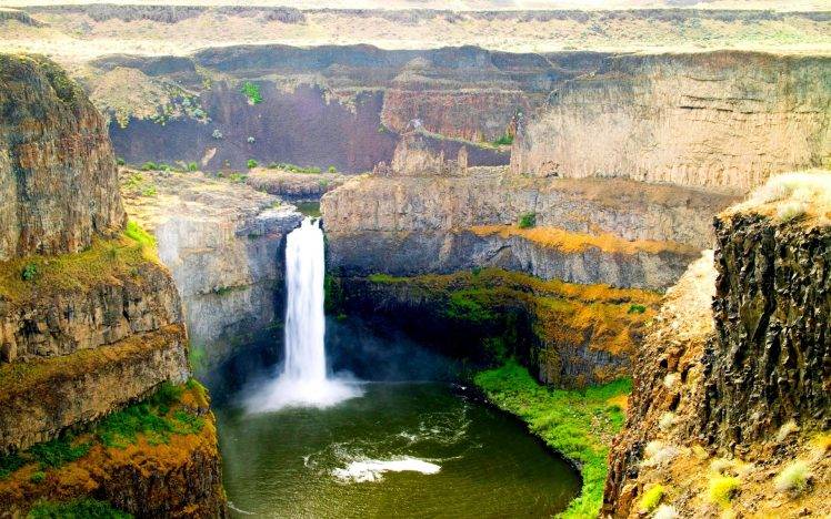 Palouse Falls, Waterfall, Washington State, Cliff, Summer, Grass, Erosion, Nature, Landscape HD Wallpaper Desktop Background