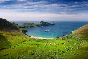 bay, Sea, Field, Hill, Cruise Ship, Peninsulas, Cliff, Beach, Scotland, Green, Blue, Nature, Landscape, UK