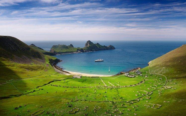 bay, Sea, Field, Hill, Cruise Ship, Peninsulas, Cliff, Beach, Scotland, Green, Blue, Nature, Landscape, UK HD Wallpaper Desktop Background