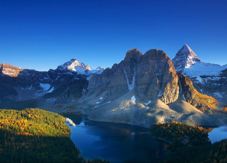 sunset, Lake, Forest, Fall, Mountain, Canada, Snowy Peak, Cliff, Nature, Water, Landscape HD Wallpaper Desktop Background