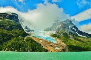 lake, Glaciers, Mountain, Chile, Forest, Cliff, Snowy Peak, Patagonia, Ice, Summer, Nature, Landscape