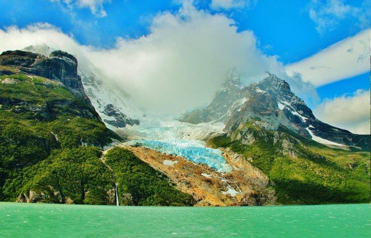 lake, Glaciers, Mountain, Chile, Forest, Cliff, Snowy Peak, Patagonia, Ice, Summer, Nature, Landscape HD Wallpaper Desktop Background