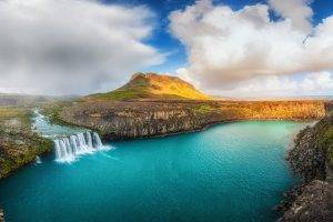 waterfall, Summer, Iceland, River, Clouds, Cliff, Panoramas, Water, Hill, Nature, Landscape