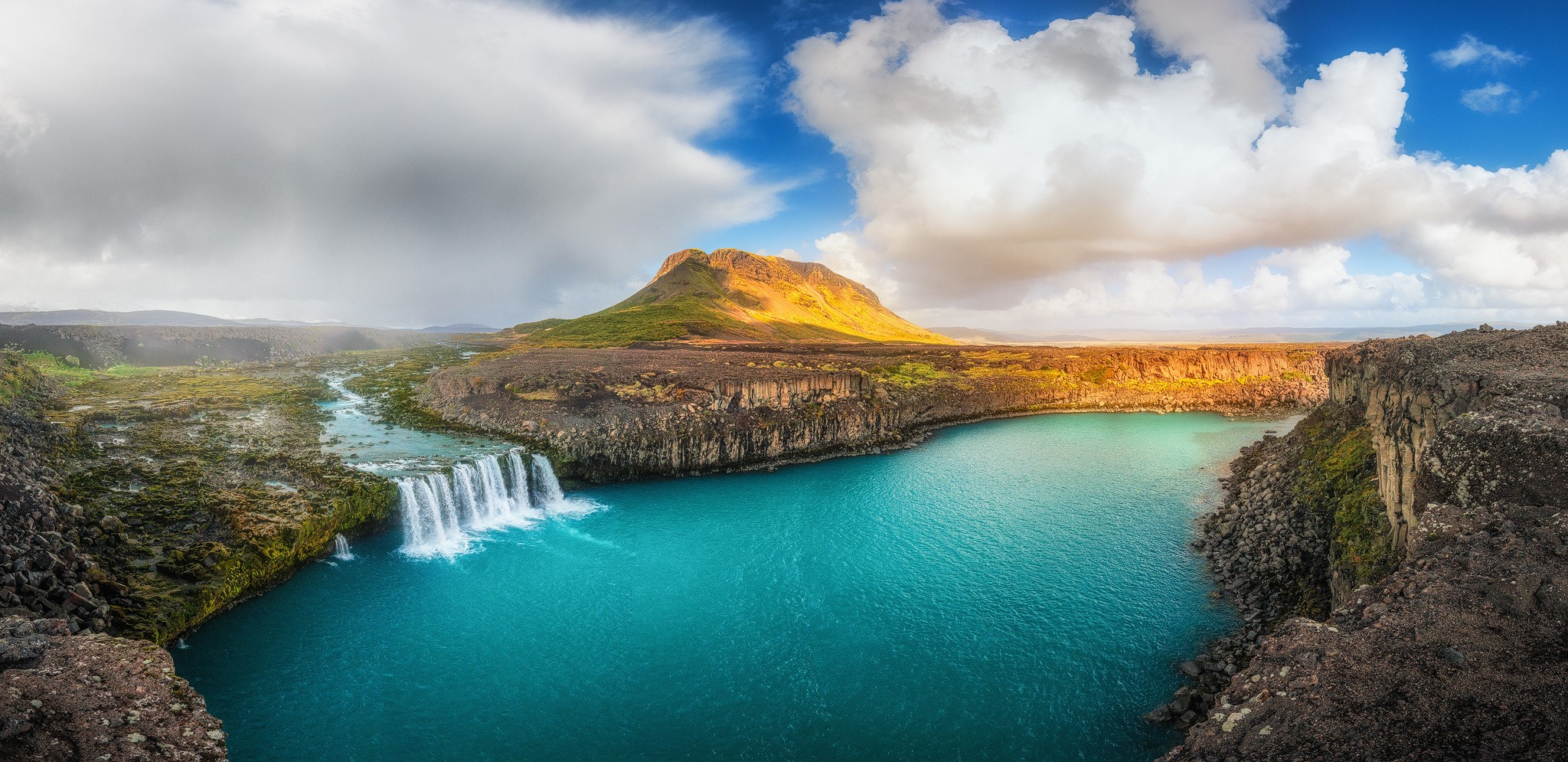 waterfall, Summer, Iceland, River, Clouds, Cliff, Panoramas, Water, Hill, Nature, Landscape Wallpaper