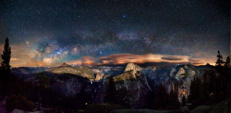 Yosemite National Park, Starry Night, Milky Way, Long Exposure, Mountain, Clouds, Forest, Panoramas, Nature, Landscape HD Wallpaper Desktop Background