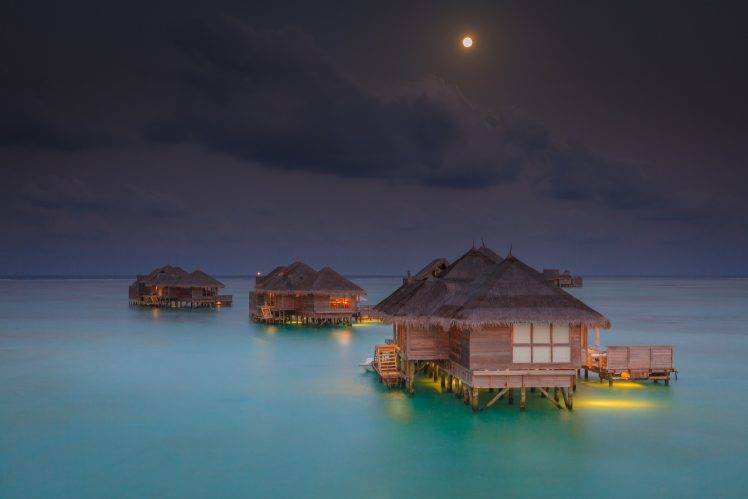 Maldives, Moon, Resort, Sea, Bungalow, Clouds, Tropical, Beach, Nature, Landscape HD Wallpaper Desktop Background