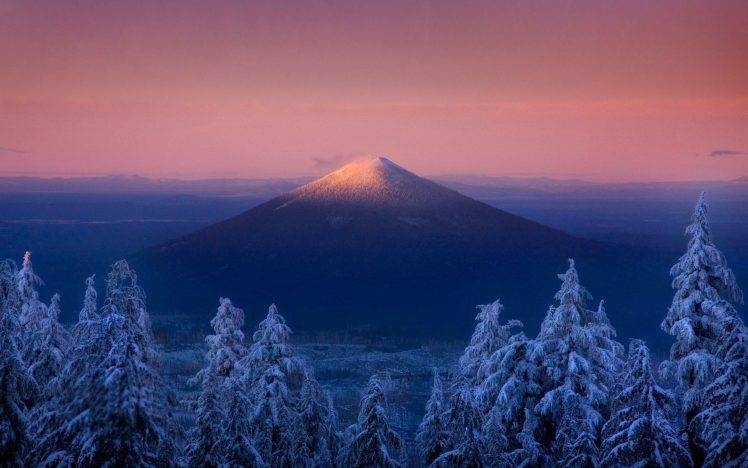 volcano, Oregon, Sunset, Forest, Snow, Mountain, Trees, Snowy Peak, Nature, Winter, Landscape HD Wallpaper Desktop Background